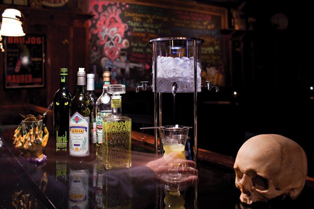 Five varieties of absinthe are served up in the traditional “louche” style.