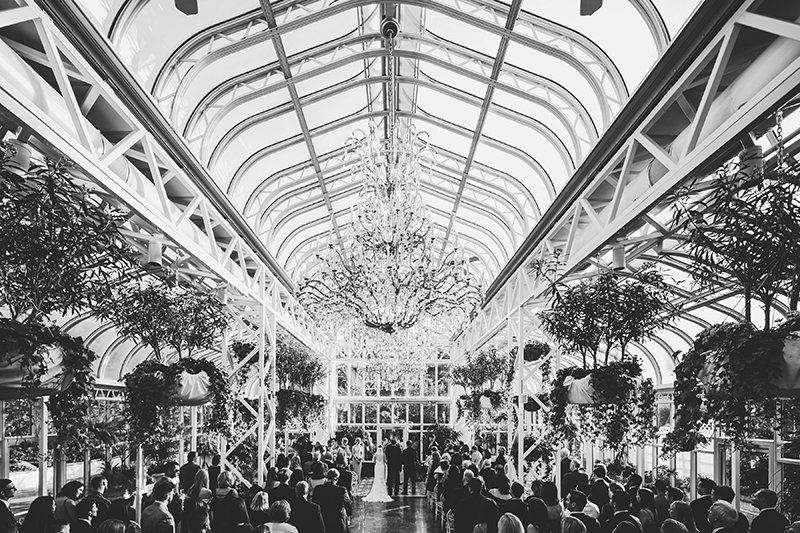 Black and white crowd shot of wedding reception in formal greenhouse with tiered glass ceiling and parquet floors
