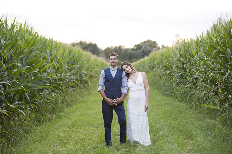 Photo of bride and groom in cornfield