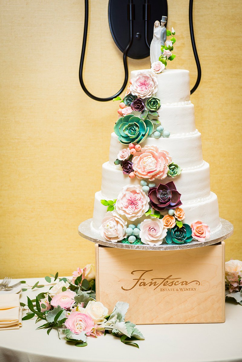Tiered wedding cake with pearl and floral icing